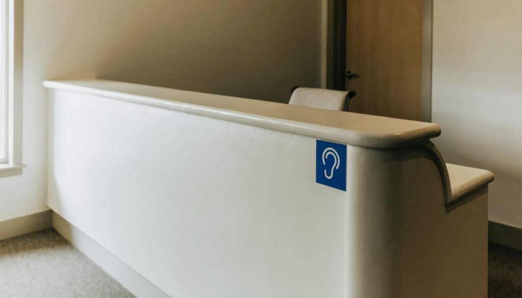 Petit panneau bleu à pictogramme d'oreille blanche fixé sur le bandeau d'un comptoir d'accueil de cabinet
