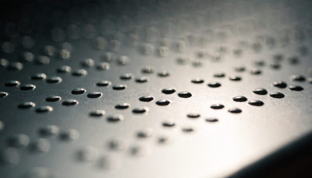 Gros plan sur des points braille en relief embossés sur une plaque de signalétique métallique, en lumière rasante