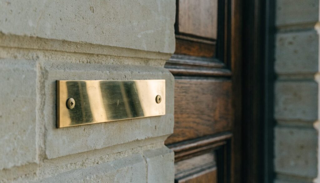 Plaque professionnelle en laiton vierge fixée sur un mur en pierre, à côté de la porte en bois d'un cabinet médical