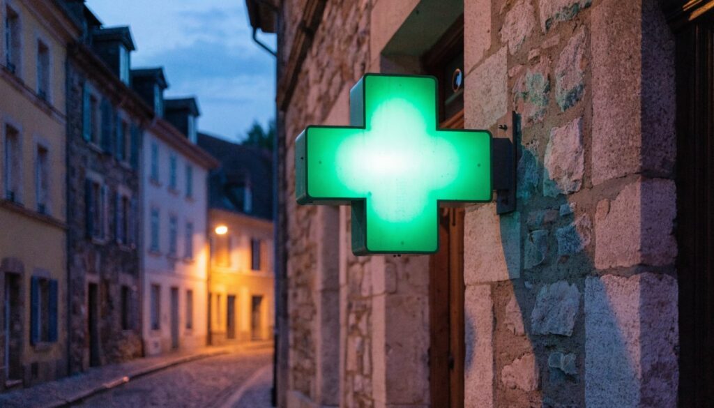 Croix verte lumineuse de pharmacie fixée sur la façade en pierre d'un immeuble dans une rue au crépuscule
