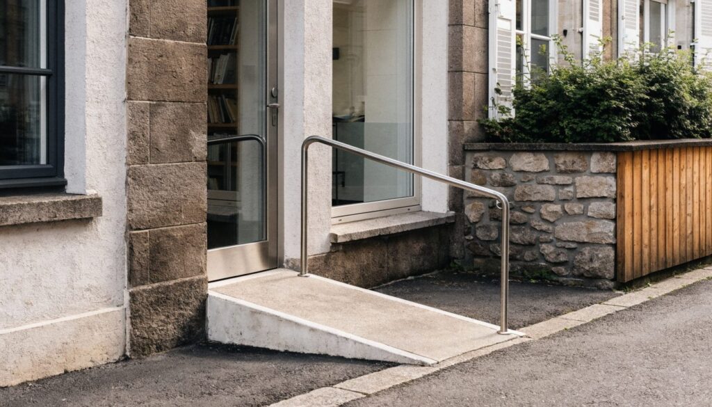 Rampe d'accès en béton avec main courante en inox menant à la porte vitrée d'un cabinet médical de plain-pied