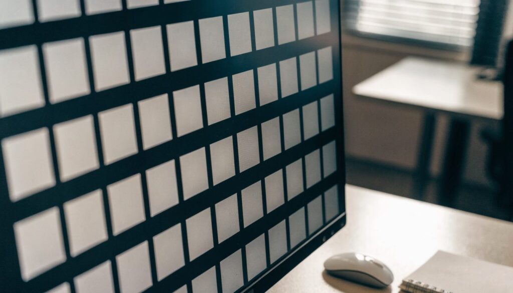 Écran d'ordinateur affichant une grille de vignettes grises vides, souris et carnet posés sur le bureau