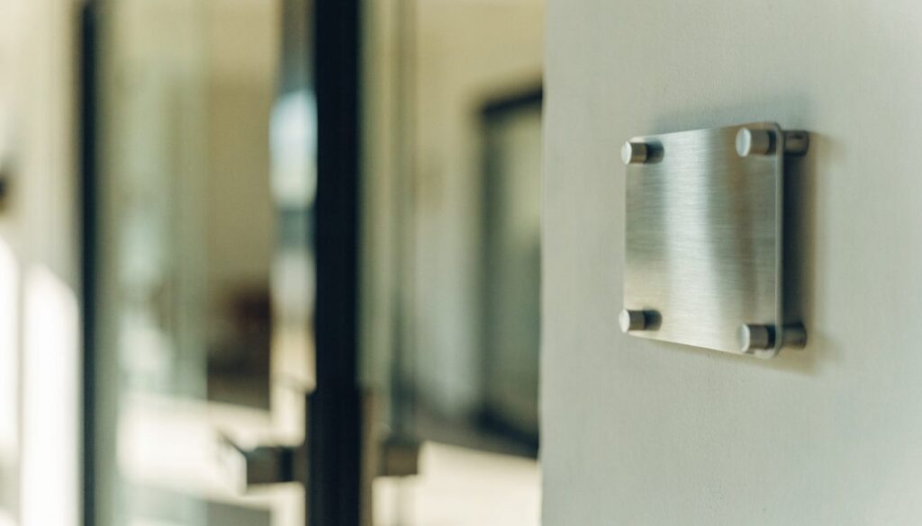 Plaque professionnelle vierge en inox brossé fixée sur entretoises près de la porte vitrée d'un cabinet