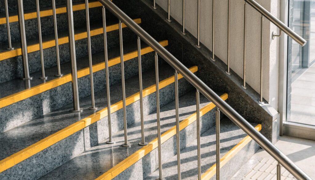 Escalier de bâtiment public avec bandes jaunes contrastées sur les nez de marche, main courante en inox et bande d'éveil de vigilance