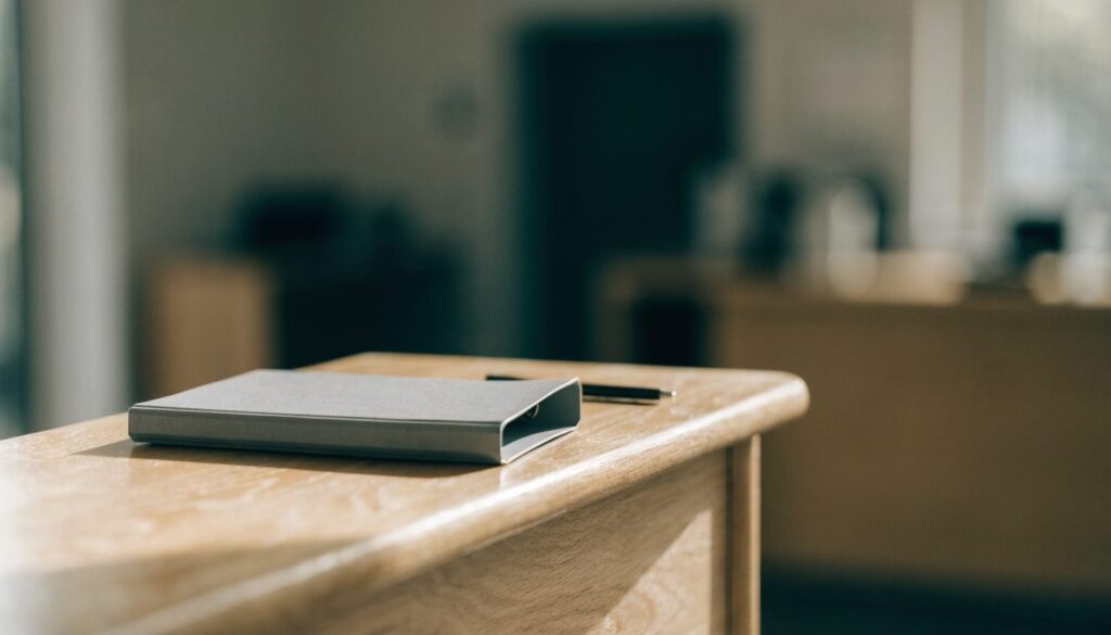 Classeur gris fermé posé avec un stylo sur le comptoir en bois clair de l'accueil d'un cabinet